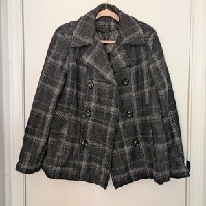 George Women's Charcoal Black Gray Plaid Button Front Detail Tweed Wool Peacoat